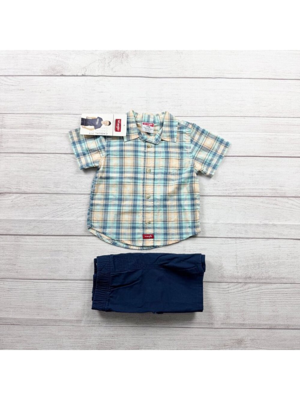 Wrangler Toddler Plaid Button Up Shirt Navy Cargo Shorts Outfit 18-24 Months NWT